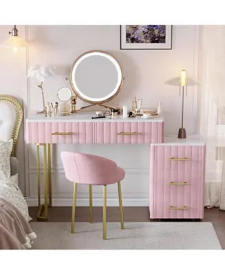 Velvet Vanity Desk Set, Marble Top, Adjustable Storage, Pink Certified