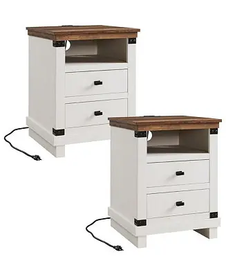 Fan Favorite Farmhouse Nightstand Set of 2 with Charging Station, 18" Rustic Night Stand with 2 Storage Drawers, Wood End Table