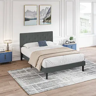 Queen Upholstered Bed Frame with Button Tufted Headboard Money Back Guarantee