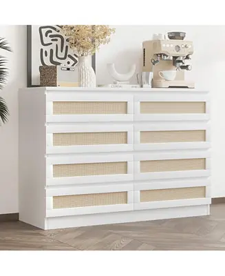 Viral 8 Drawer Double Dresser for Bedroom, Rattan Chest of Drawers, Modern Storage Organizer