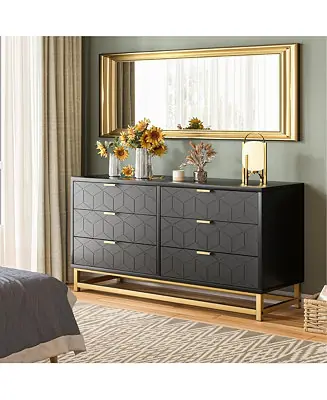 Hot Picks 6 Drawer Dresser with Wide Storage, Wood Chest Organizer with Metal Legs, Modern Dresser for Bedroom, Living Room