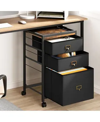 3-Drawer Compact Mobile Filing Cabinet with Stylish Fabric, Storage Solution with Legs & Wheels, Bedroom, Black Express Delivery