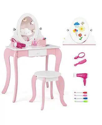 Warranty Included Pretend Kids Vanity Set Makeup Dressing Table 2-in-1 Mirror & Whiteboard