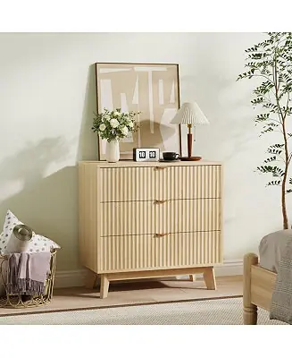 Buy Online 3-Drawer Mid Century Modern Dresser with Tall Fluted Waveform Drawers, Wood Organizer for Bedroom, Living Room, Hallway