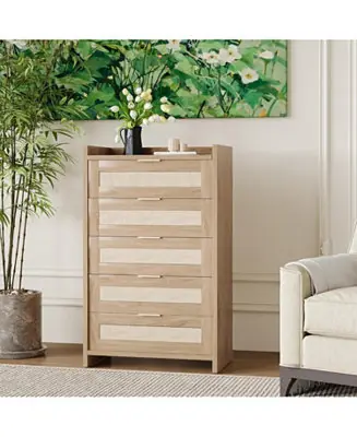 Rattan 5 Drawers Dresser for Bedroom Chest of Drawers Boho Night Stand Large Clothes Storage Cabinet Budget