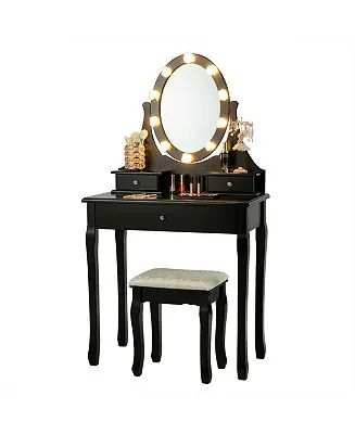 3 Drawers Lighted Mirror Vanity Dressing Table Stool Set Exclusive