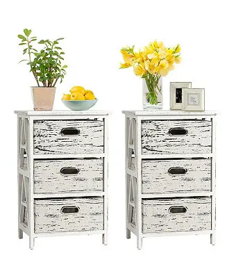 Set of 2 Chest with 3 Fabric Drawers Vintage Wood Frame End Side Table Nightstand Editor’s Pick