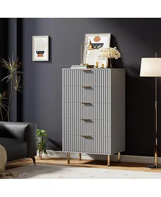 Fluted 5 Drawer Storage Dresser, Tall Modern Chest with Ample Deep Drawers and Wide Top No Minimum Order