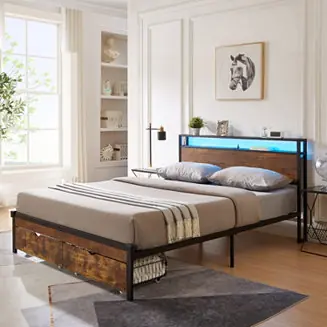 Get Yours Queen Size Platform Bed Frame with USB, Charger, Drawers, LED Lights