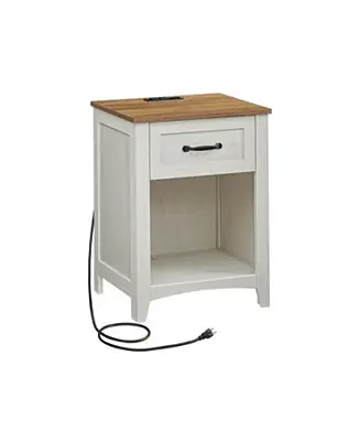 Farmhouse Nightstand with Drawer, Shelf, and Charging Station, Set of Bedside Tables Cheap