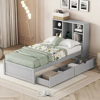 Modern Twin Bed Frame with USB, Headboard Bookcase & Drawers Buy Today