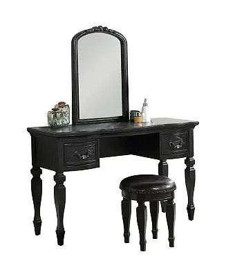 Simplie Fun Bedroom Classic Vanity Set Wooden Carved Mirror Stool Drawers Black Color Free Delivery
