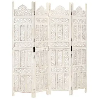 Hand carved 4-Panel Room Divider White 63"x65" Solid Mango Wood Last Chance