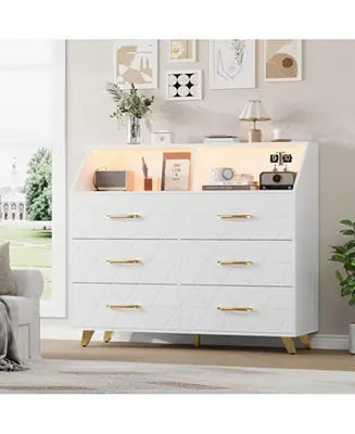 Modern 47 Inch 6 Drawer Dresser with LED Light Charging Station Storage Shelf Gold Legs Modern Drawer Cabinet for Bedroom Living Room