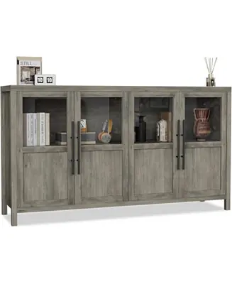 55" Sideboard Buffet Cabinet with 4 Glass Doors, Display Coffee Bar & Wine Storage, Modern Farmhouse Credenza for Dining Room, Kitchen, Living Room Final Sale