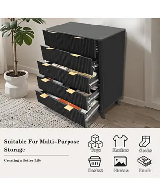5-Drawer Fluted Wood Dresser with Curved Profile, Modern Storage Organizer for Bedroom, Living Room, Hallway, Entryway Don’t Miss Out