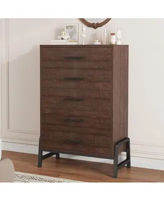 Buy Direct 5-Drawer Brown Dresser, 50.5 Inch Tall Freestanding Wood Chest, Large Closet Storage for Home Office