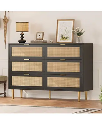 High Quality WoodenNatural Rattan 6 Drawer Dresser for Bedroom
