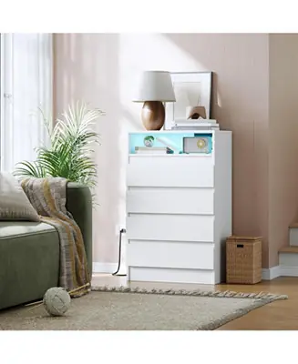 New Arrival 4-Drawer Dresser with USB Charging Station, LED Lighting & Power Outlets, Modern Storage Cabinet for Bedroom or Entryway