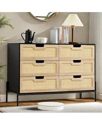 Wholesale 6-Drawer Rattan Dresser, Natural Woven Fronts with Solid Metal Legs