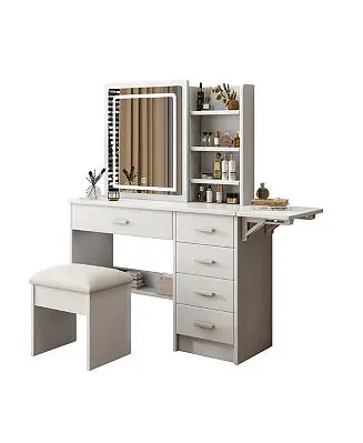Modern Makeup Vanity Desk with Mirror, Lights, Open Shelves & Chair for Organized Beauty Setup Instant Buy