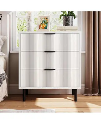 3-Drawer Wave Fluted Bedroom Dresser, Wide Wood Chest with Metal Legs, Modern Storage Organizer for Bedroom, Living Room Express Delivery