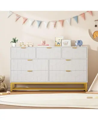 Seasonal Sale 53.5 Inch White 7-Drawer Modern Dresser, Triple Chest, Gold Accents, Long Storage for TV Stand, Closet, Living Room