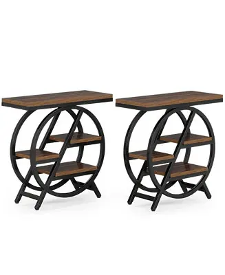 Exclusive End Table Set of 2, 3-Tier Narrow Sofa Side Table with Storage for Living Room, Wood End Table with Geometric Metal Frame, Industrial Nightstand and Bedside Table for Bedroom