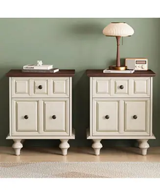 Vintage Nightstand 2 Drawers, Solid Wood, Antique White (Set of 2) Crafted