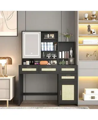 Makeup Vanity With Lights In 3 Colors And Openable Mirror, Vanity Desk With 4 Drawers, 1 Cabinets And Shelves, Vanity Table Rattan Vanity Dresser Genuine