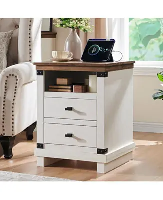 Farmhouse Nightstand w/ Charging Station, 18" Rustic End Table w/ 2 Storage Drawers, Antique White, Bedroom Accent Piece Place Order