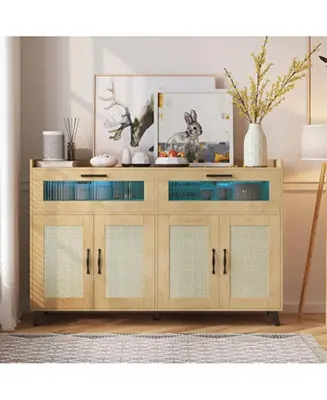 Buy Online Farmhouse Storage Cabinet with Charging Station, LED Light, Rattan Buffet, Heavy Duty, Kitchen, Living Room