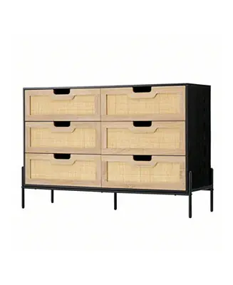 Factory Price 1-Pc 6-Drawer Dresser Wood Rattan Front Metal Legs Spacious Storage Chest
