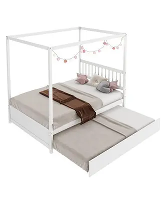 Full Size Canopy Bed with Trundle Wooden Platform Bed Frame Headboard Grey Crafted