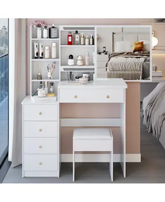 + 37" + Wood + Vanity Table with Mirror, Stool & Storage Buy Today