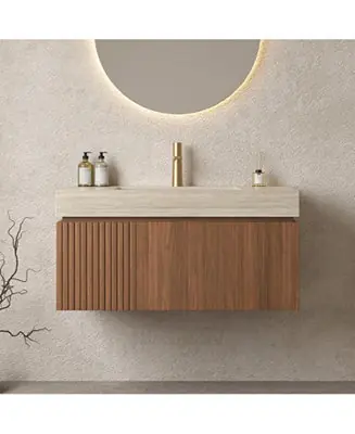 Streamdale Roma Travertine Sintered Stone Vanity with Ceramic Basin & Oak Drawer Genuine