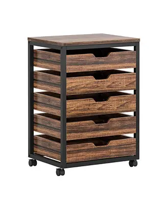 Exclusive 5 Drawer Chest, Wood Storage Dresser Cabinet with Wheels, Industrial Storage Drawer Organizer Cart for Office Bedroom Entryway