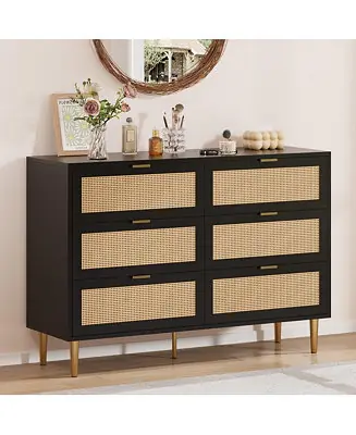 Natural Rattan 6 Drawer Dresser for Bedroom, Chest of Drawers with Gold Legs and Gold Handles, Wide Double Dresser Price Drop