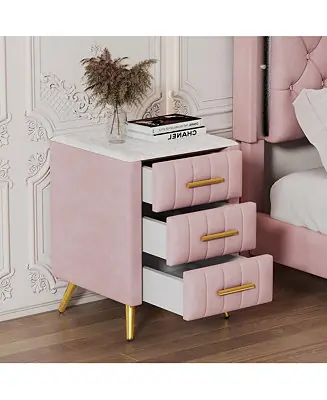 1-Pc Upholstered Wooden Nightstand with 3 Drawers, Metal Legs & Handles, Marbling Worktop – Nightstand Big Sale