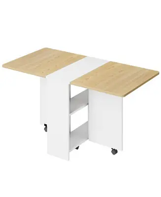 1 PC Wood 6 Wheels and 2-Layer Storage Shelf FoldingDrop Leaf Dining Table Reduced Price