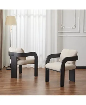 Popular Streamdale 2-Pack Dining Chairs with Pillow Back, Beige Fabric, Black Solid Wood Frame