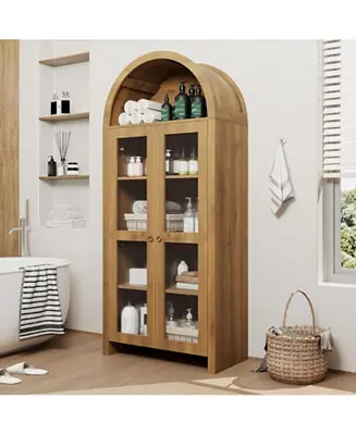 Seasonal Sale 70" Tall Arched Kitchen Pantry Cabinet, 5-Tier Wood Display Storage Cabinet with Acrylic Doors Modern Freestanding Cupboard