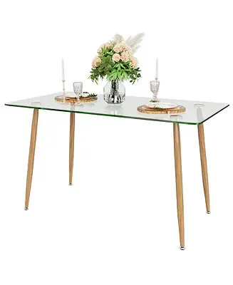 Seasonal Sale Modern Glass Dining Table Rectangular Dining Room Table W/Metal Legs For Kitchen
