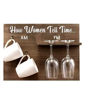 Direct From Factory How Woman Tell Time Wall Mounted Wine Rack with Wine Glasses and Coffee Mugs, Set of 5