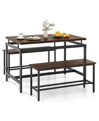 3 Pieces Dining Table Set with Wooden Kitchen Table and 2 Benches-Brown Next Day Delivery