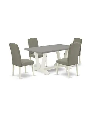 5-Piece Dinette Set with Cement Color Tabletop & 4 Linen White Nail head Chairs Featuring Stylish Big Sale