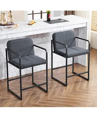 Set of 2 Counter Height Stools, 26.7" Seat Height with Armrests, Metal Frame & Upholstered Cushions Direct From Manufacturer