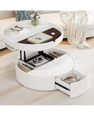 Hot Picks Streamdale White Round Lift Coffee Table, Marble/Wood Top, 29.5"