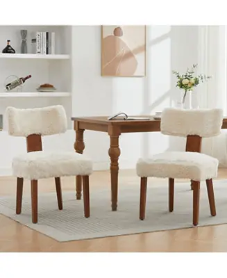 Buy Today Fur Fabric Armless Dining Chairs, Curved Back, Wood Legs, Ivory (Set of 2