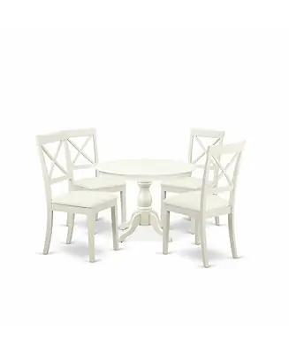 5 Piece Kitchen Table Set - Linen White Wooden Table with 4 Linen White Faux Leather Mid Century Modern Chairs Genuine